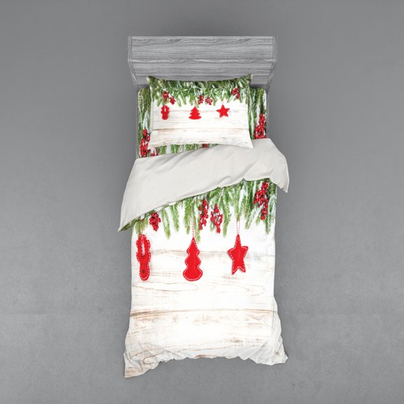 Ambesonne Christmas Bedding Set 3 Pcs, Ornaments and Berries, Twin, Beige and Red