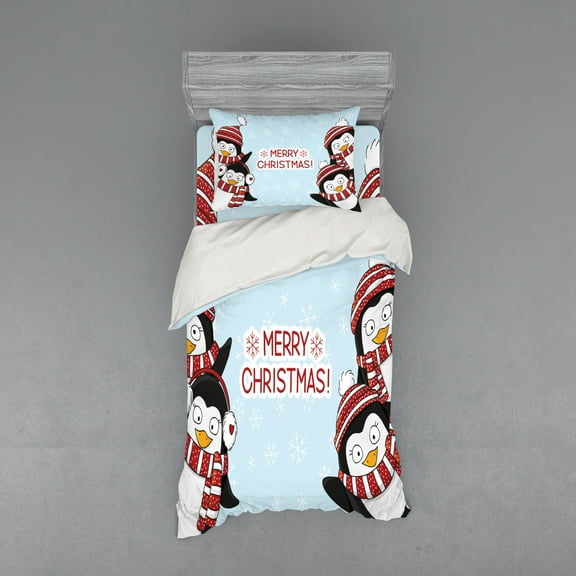 Ambesonne Christmas Bedding Set 3 Pcs, Penguins, Twin XL, Blue Red