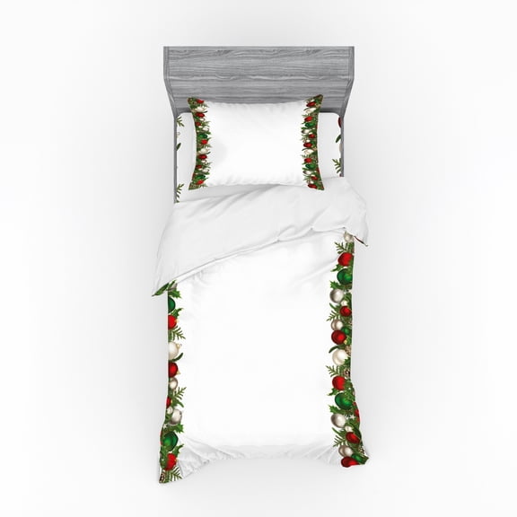 Ambesonne Christmas Bedding Set 3 Pcs, Pine Spikes Berries, Twin XL, Dark Green Red and Grey