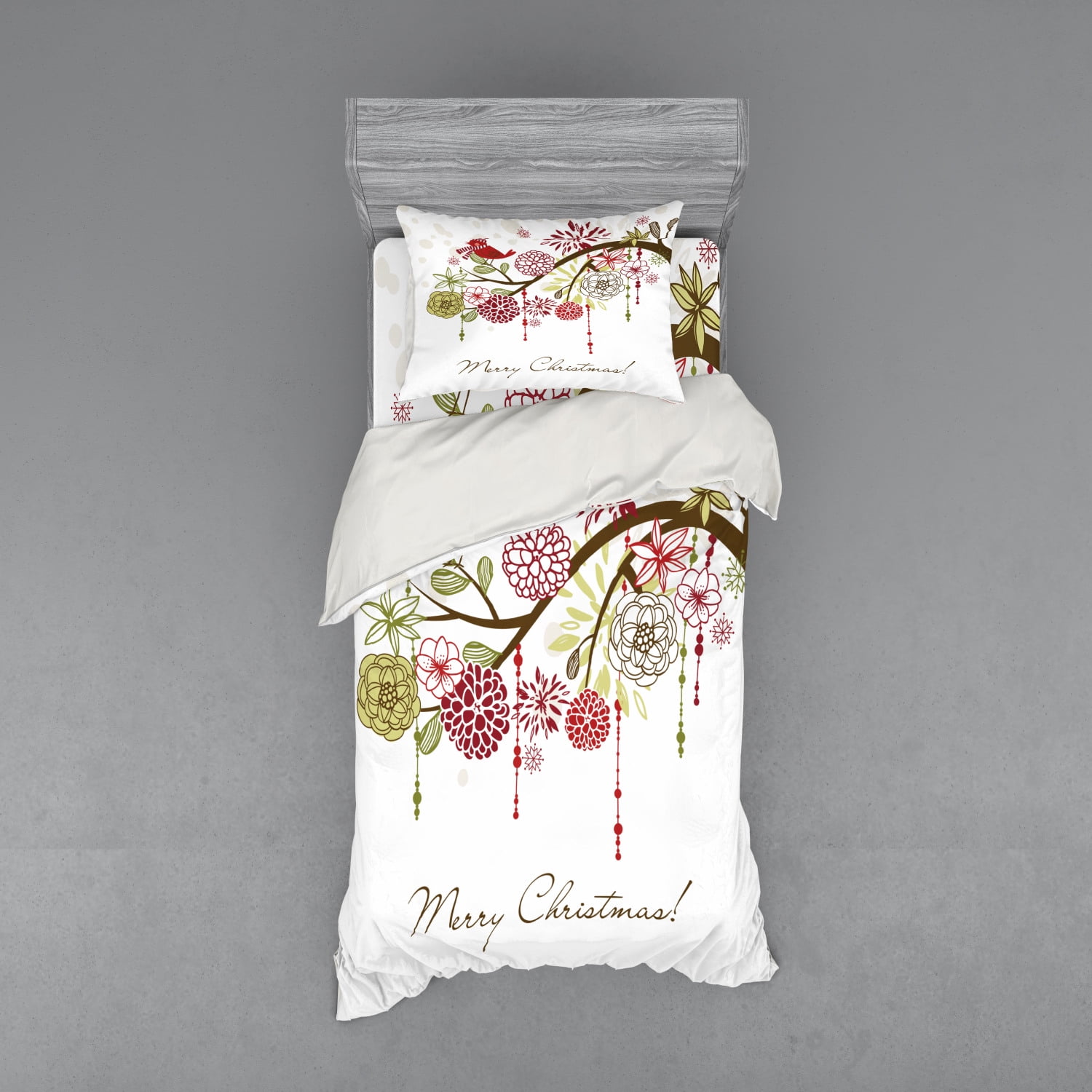 Christmas Floral Queen Duvet Cover Set with Red Birds