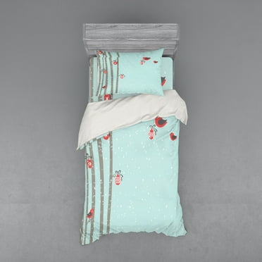Ambesonne Christmas Bedding Set 3 Pcs, Red Bird Winter, Twin, Seafoam Coral