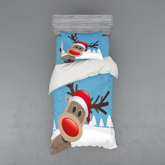 Ambesonne Christmas Bedding Set 3 Pcs, Reindeer Rudolph Hat, Twin, Pale Blue Red Pale Brown