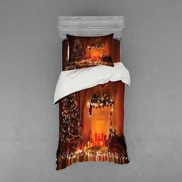 Ambesonne Christmas Bedding Set 3 Pcs, Romantic New Year, Twin, Orange
