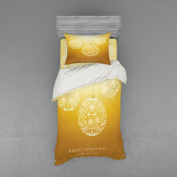 Ambesonne Christmas Bedding Set 3 Pcs, Round Bauble in Air, Twin XL, Mustard