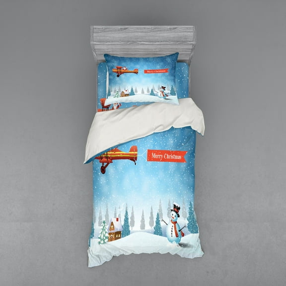 Ambesonne Christmas Bedding Set 3 Pcs, Santa Plane Snowman, Twin XL, Blue Orange