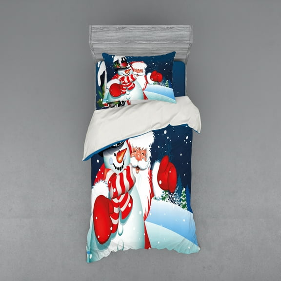 Ambesonne Christmas Bedding Set 3 Pcs, Santa Snowman Hug, Twin, Blue Red White