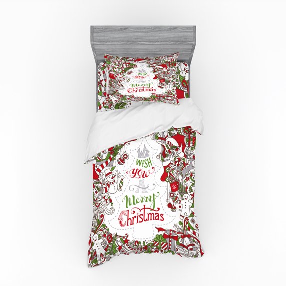 Ambesonne Christmas Bedding Set 3 Pcs, Santa Snowman Wishes, Twin, Multicolor