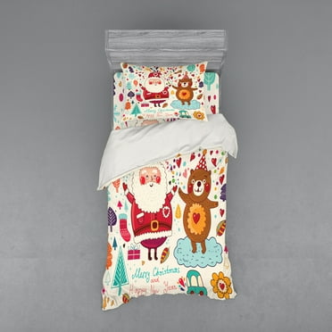 Ambesonne Christmas Bedding Set 3 Pcs, Santa and Teddy Bear, Twin, Multicolor