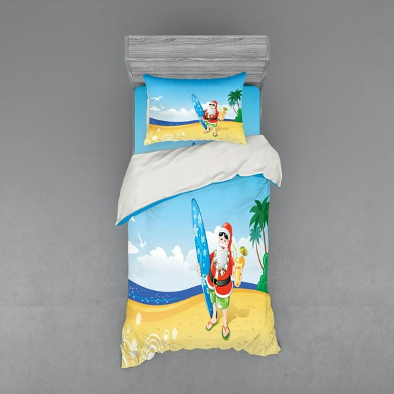 Ambesonne Christmas Bedding Set 3 Pcs, Santa on Beach Surf, Twin XL, Blue Yellow