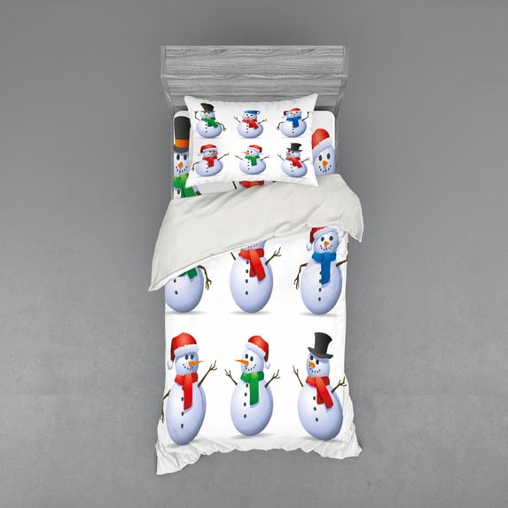 Ambesonne Christmas Bedding Set 3 Pcs, Snowmen with Hats, Twin, Multicolor