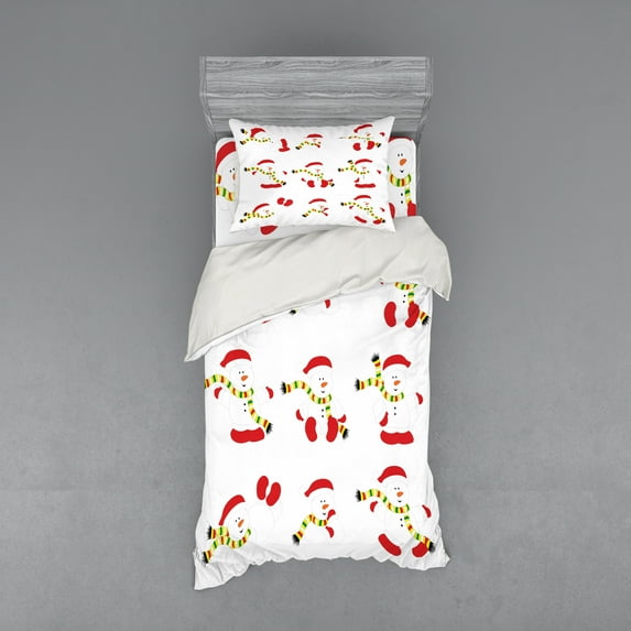 Ambesonne Christmas Bedding Set 3 Pcs, Snowmen with Scarf, Twin, Red White Green