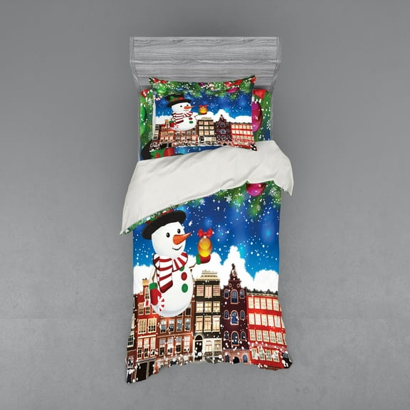 Ambesonne Christmas Bedding Set 3 Pcs, Snowy City Street, Twin, Multicolor