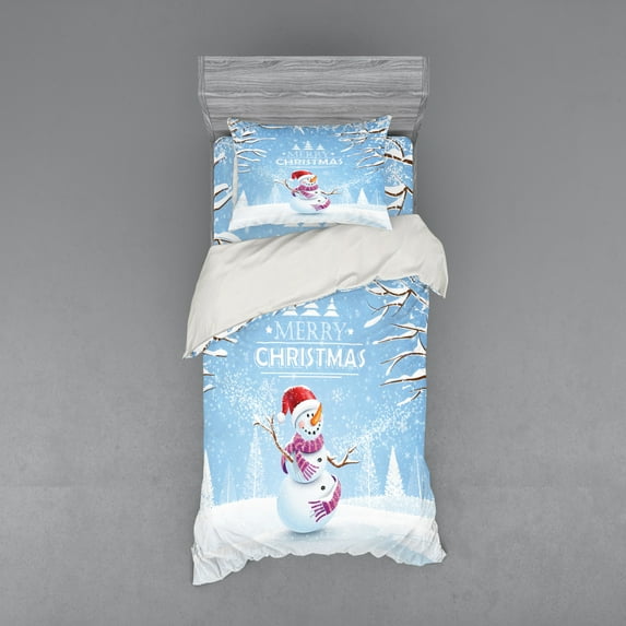 Ambesonne Christmas Bedding Set 3 Pcs, Snowy Winter Noel, Twin, White Blue