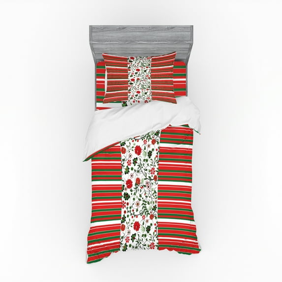 Ambesonne Christmas Bedding Set 3 Pcs, Stripes Floral Border, Twin XL, Multicolor