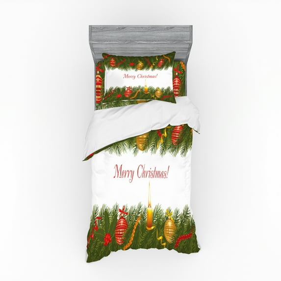 Ambesonne Christmas Bedding Set 3 Pcs, Tree Candle Greeting, Twin XL, Multicolor