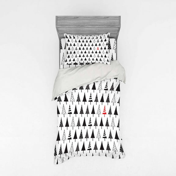 Ambesonne Christmas Bedding Set 3 Pcs, Triangle Pine Trees, Twin, Charcoal Grey Vermilion