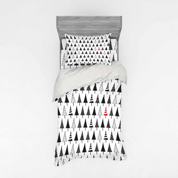 Ambesonne Christmas Bedding Set 3 Pcs, Triangle Pine Trees, Twin XL, Charcoal Grey Vermilion