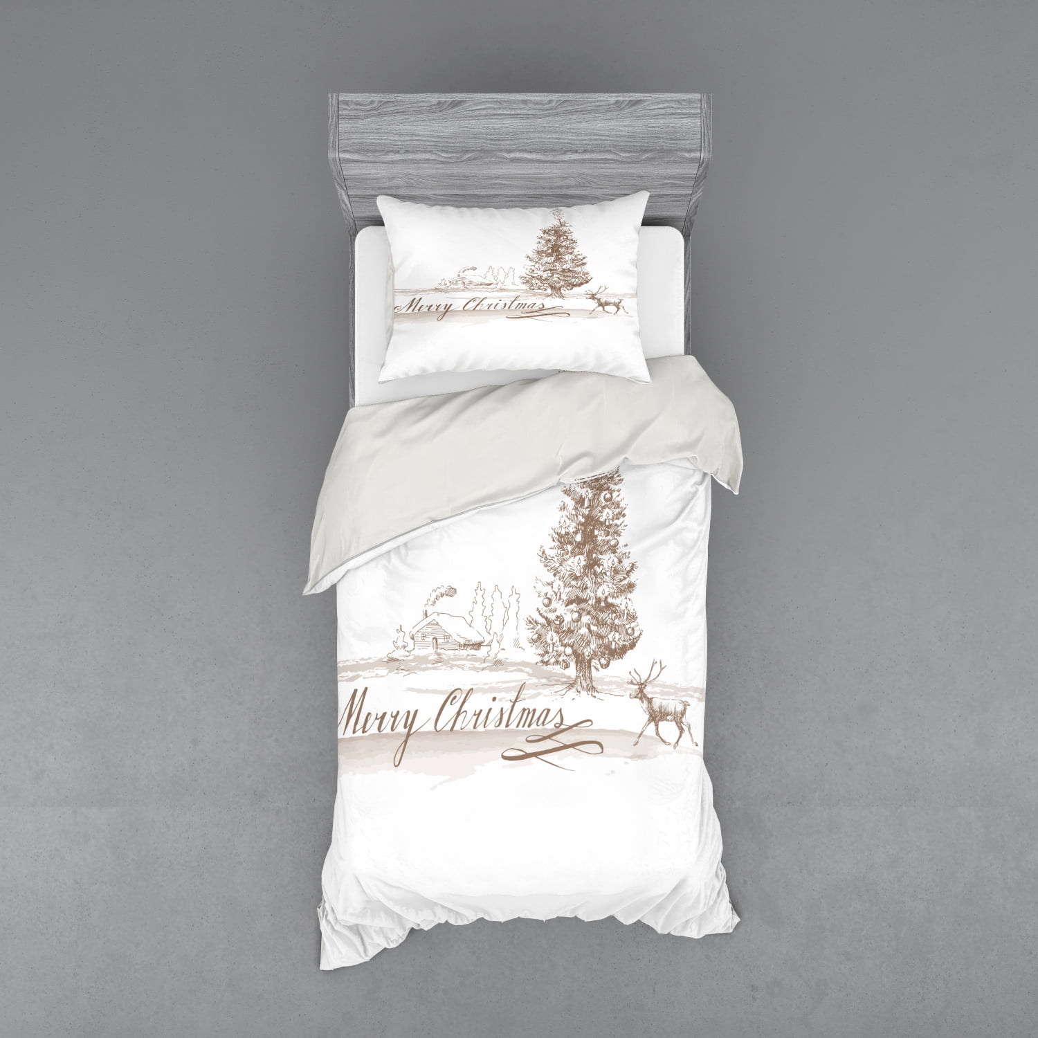 Vintage Christmas Twin XL Brown and White Duvet Set