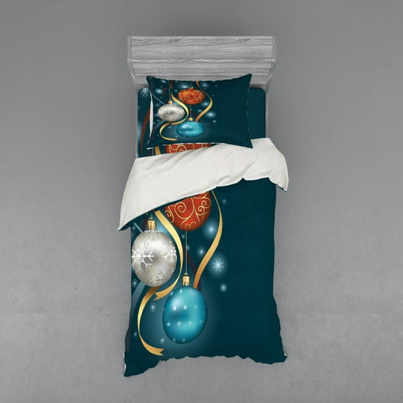 Ambesonne Christmas Bedding Set 3 Pcs, Vivid Balls Ribbons, Twin XL, Petrol Blue Grey Red