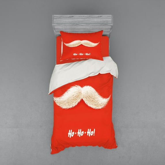 Ambesonne Christmas Bedding Set 3 Pcs, Vivid Santa Mustache, Twin, Scarlet Cream