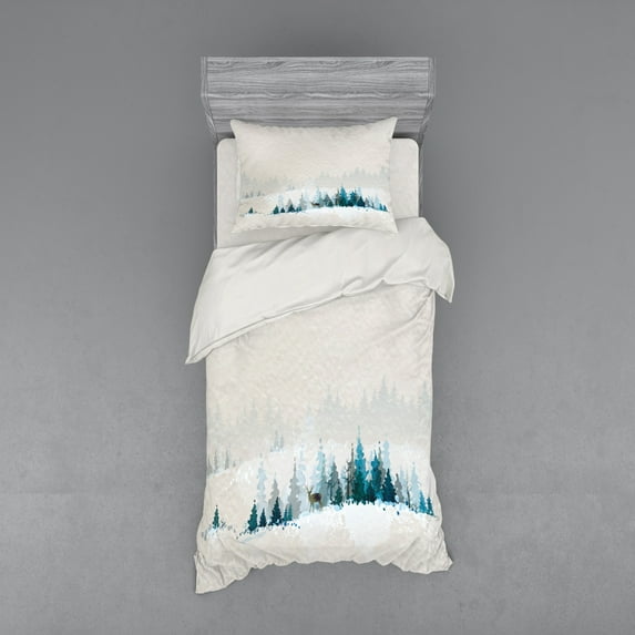 Ambesonne Christmas Bedding Set 3 Pcs, Watercolor Art Pine Trees, Twin, White Blue