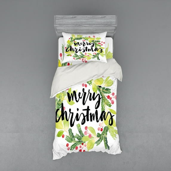 Ambesonne Christmas Bedding Set 3 Pcs, Watercolor Wreath, Twin XL, Black Green White