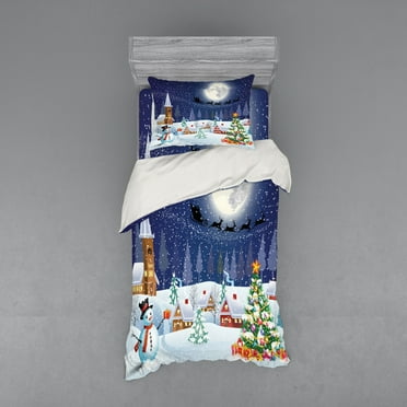 Ambesonne Christmas Bedding Set 3 Pcs, Winter Landscape, Twin, White Blue