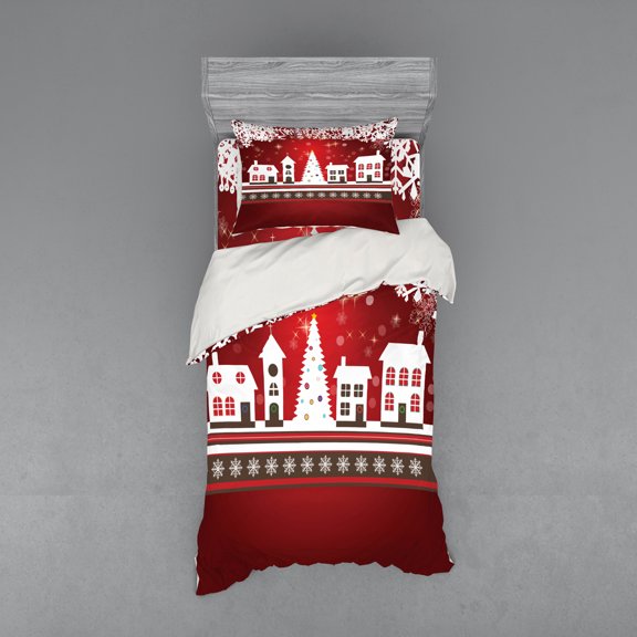 Ambesonne Christmas Bedding Set 3 Pcs, Winter Theme Tree, Twin, White Red