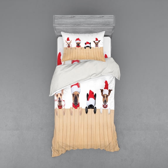 Ambesonne Christmas Bedding Set 3 Pcs, Wooden Fences Humor, Twin, Tan Red