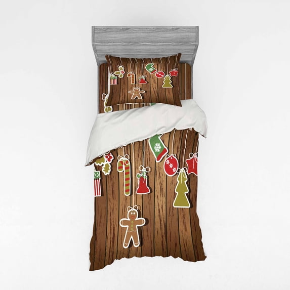 Ambesonne Christmas Bedding Set 3 Pcs, Wooden Pattern, Twin, Brown Red