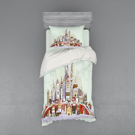 Ambesonne Christmas Bedding Set 3 Pcs, Xmas City Holiday, Twin XL, Pale Green Lavender