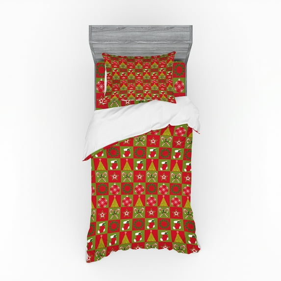 Ambesonne Christmas Bedding Set 3 Pcs, Xmas Eve Ornaments, Twin XL, Olive Green White