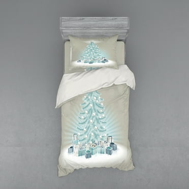 Ambesonne Christmas Bedding Set 3 Pcs, Xmas Tree Presents, Twin, Mint Green Slate Blue