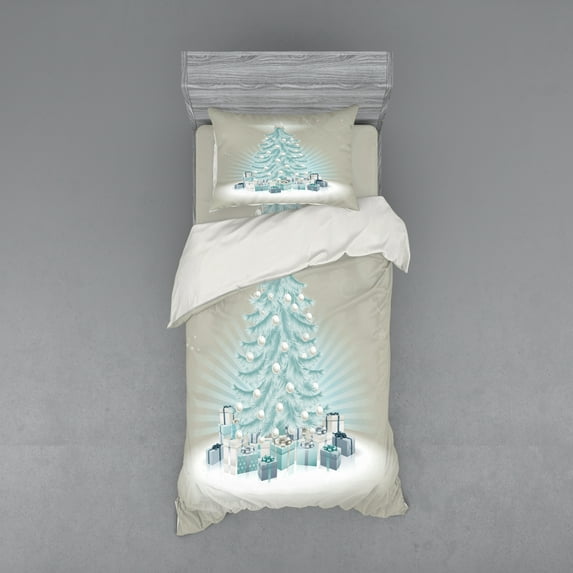 Ambesonne Christmas Bedding Set 3 Pcs, Xmas Tree Presents, Twin, Mint Green Slate Blue