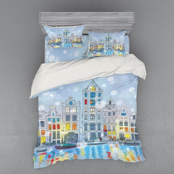 Ambesonne Christmas Bedding Set 4 Pcs, Amsterdam Canal Xmas, Queen, Multicolor