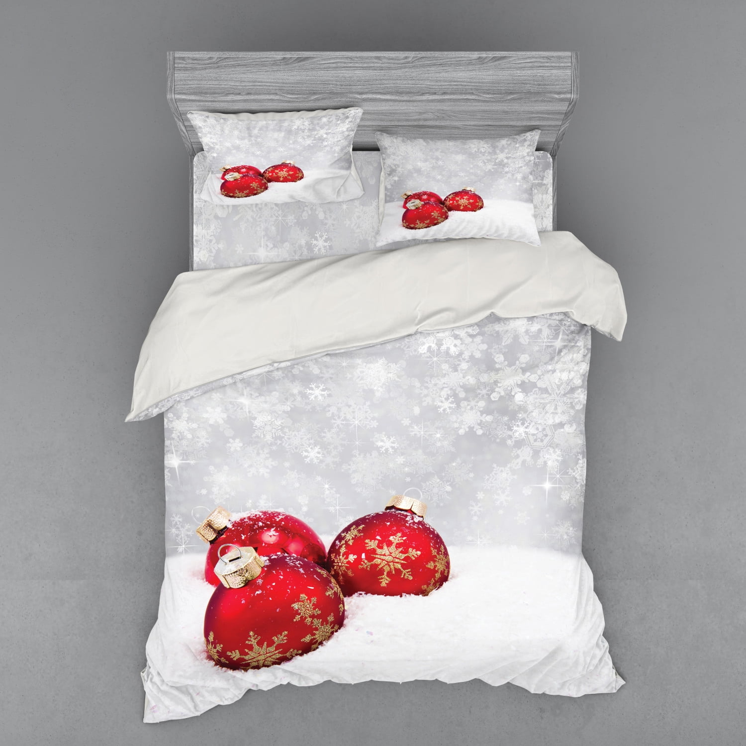 Queen Red and White Christmas Baubles Duvet Cover Set