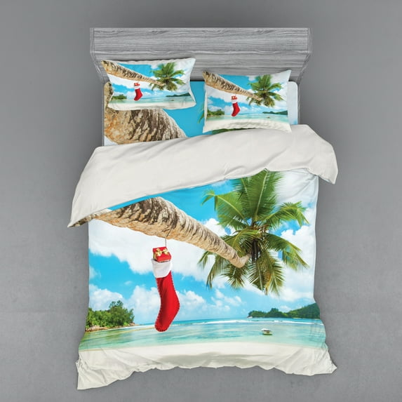 Ambesonne Christmas Bedding Set 4 Pcs, Beach Xmas Stockings, Queen, Multicolor