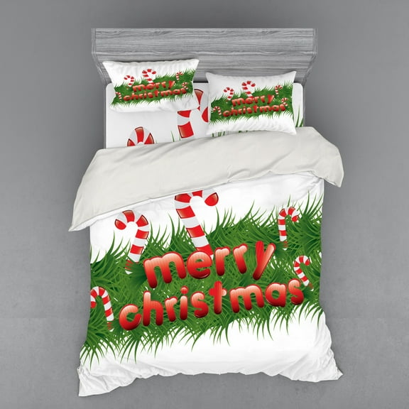 Ambesonne Christmas Bedding Set 4 Pcs, Candy Canes Garland, Queen, Emerald Red