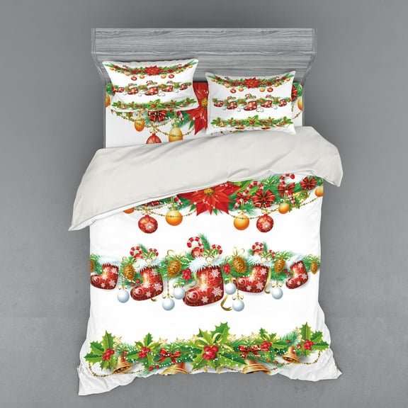 Ambesonne Christmas Bedding Set 4 Pcs, Flowers Socks and Bells, Queen, Orange Red Green