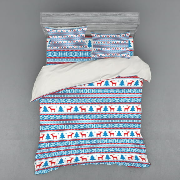 Ambesonne Christmas Bedding Set 4 Pcs, Folk Knit Style Art, Queen, Red Blue