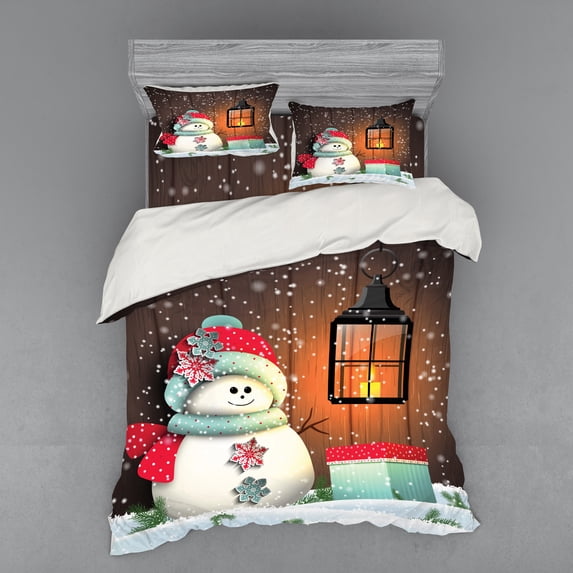 Ambesonne Christmas Bedding Set 4 Pcs, Garden with Gift Box, Queen, White Brown