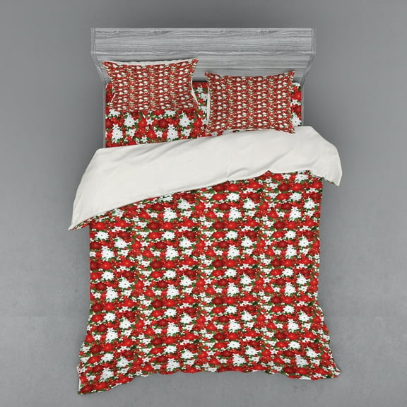 Ambesonne Christmas Bedding Set 4 Pcs, Holly Mistletoe, Queen, White Red Green