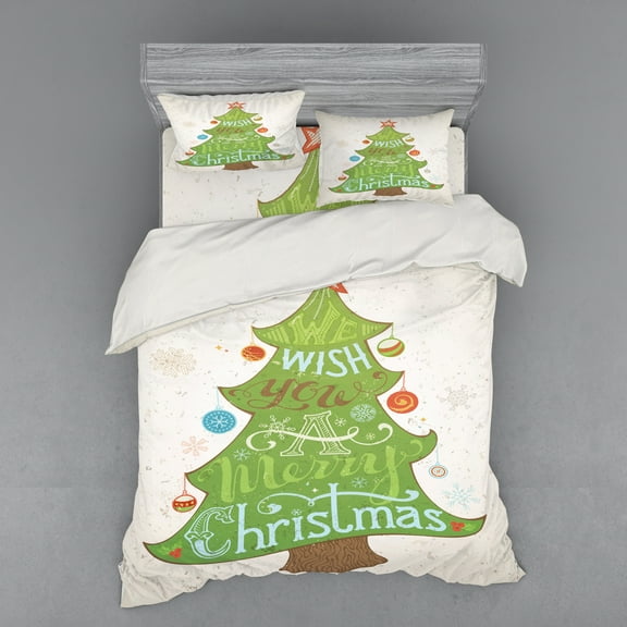 Ambesonne Christmas Bedding Set 4 Pcs, Merry Wish on Pine Tree, Queen, Multicolor