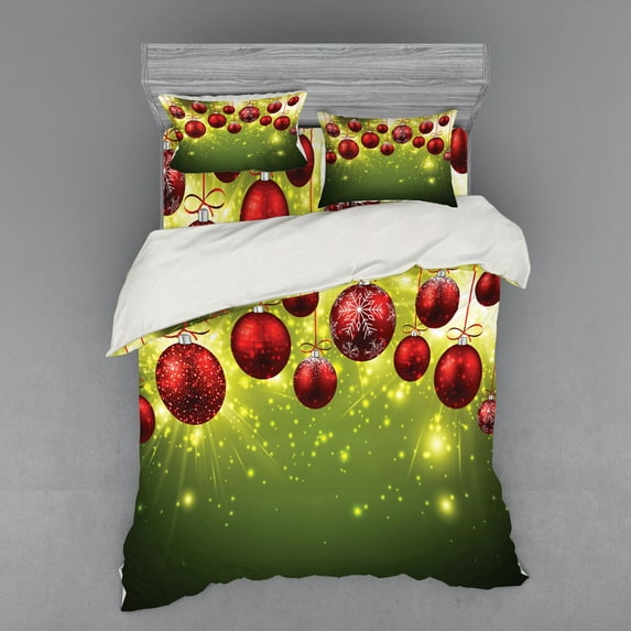 Ambesonne Christmas Bedding Set 4 Pcs, New Year Design Party, Queen, Green Red