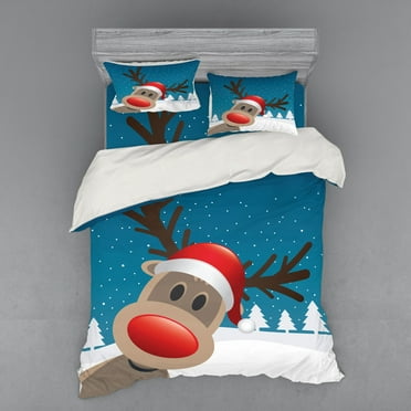 Ambesonne Christmas Bedding Set 4 Pcs, Noel Fun Cartoon, Queen, Red Brown Navy