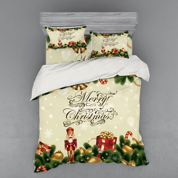 Ambesonne Christmas Bedding Set 4 Pcs, Noel Ribbons, Queen, Multicolor