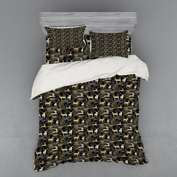 Ambesonne Christmas Bedding Set 4 Pcs, Oriental Deer, Queen, Yellow White Black