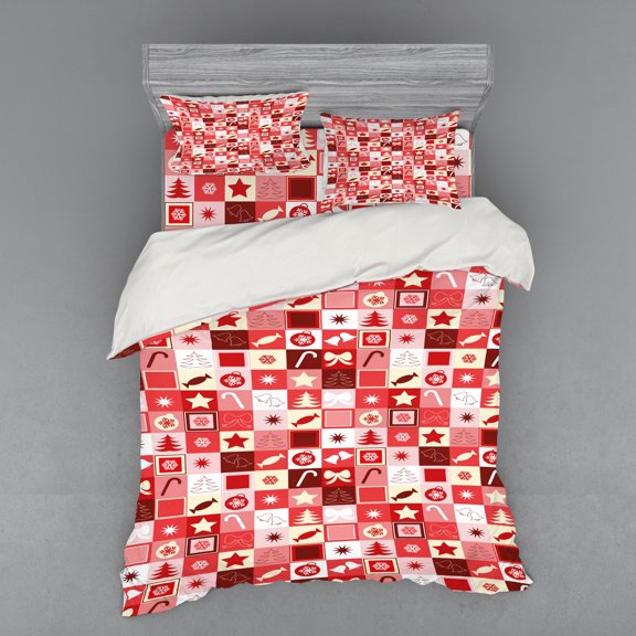 Ambesonne Christmas Bedding Set 4 Pcs, Pink Cone Stars, Queen, Ruby Red White