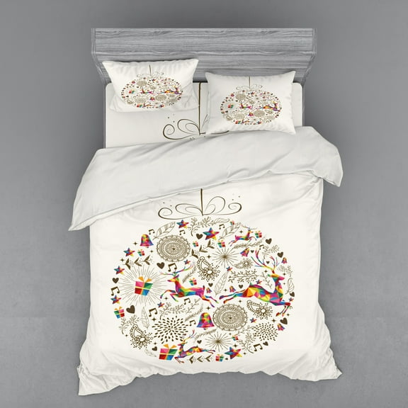 Ambesonne Christmas Bedding Set 4 Pcs, Polygon Deer as Ball, Queen, Taupe Multicolor