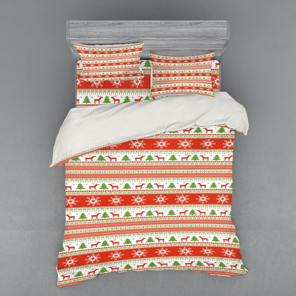 Ambesonne Christmas Bedding Set 4 Pcs, Reindeer Snowflake, Queen, Vermilion Green White